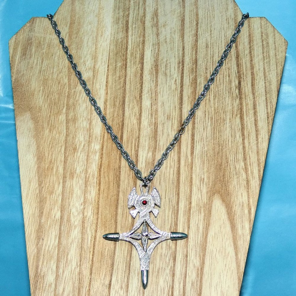 Vintage African Tuareg Pendant Necklace Niger Tribal Silver Tone Red Rhinestone